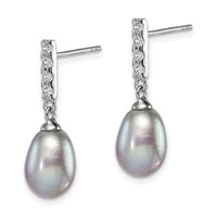 Sterling Silver Rhodium-plated 8-9mm Grey Teardrop Freshwater Cultured Pearl and CZ Post Dangle Earrings view 2