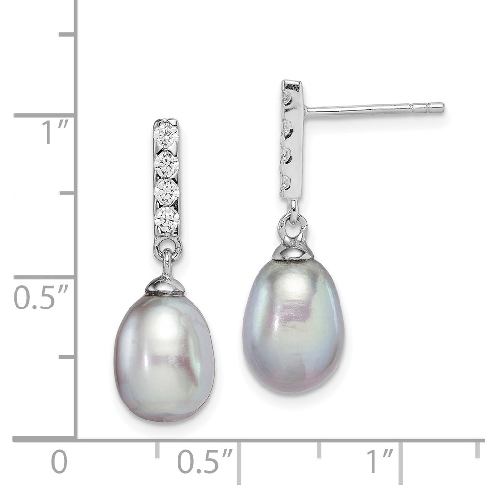 Sterling Silver Rhodium-plated 8-9mm Grey Teardrop Freshwater Cultured Pearl and CZ Post Dangle Earrings (QE15359)