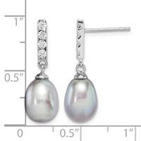 Sterling Silver Rhodium-plated 8-9mm Grey Teardrop Freshwater Cultured Pearl and CZ Post Dangle Earrings view 4