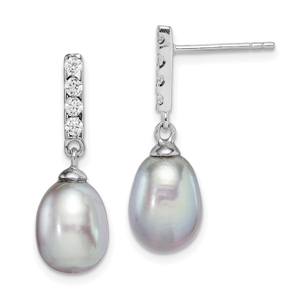 Sterling Silver Rhodium-plated 8-9mm Grey Teardrop Freshwater Cultured Pearl and CZ Post Dangle Earrings (QE15359)