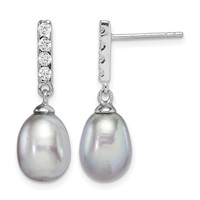 Sterling Silver Rhodium-plated 8-9mm Grey Teardrop Freshwater Cultured Pearl and CZ Post Dangle Earrings view 1