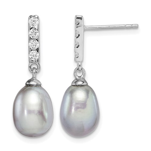 Sterling Silver Rhodium-plated 8-9mm Grey Teardrop Freshwater Cultured Pearl and CZ Post Dangle Earrings