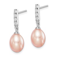 Sterling Silver Rhodium-plated 8-9mm Pink Teardrop Freshwater Cultured Pearl and CZ Post Dangle Earrings view 2