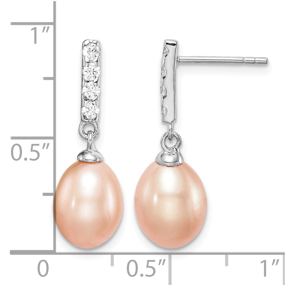 Sterling Silver Rhodium-plated 8-9mm Pink Teardrop Freshwater Cultured Pearl and CZ Post Dangle Earrings (QE15360)