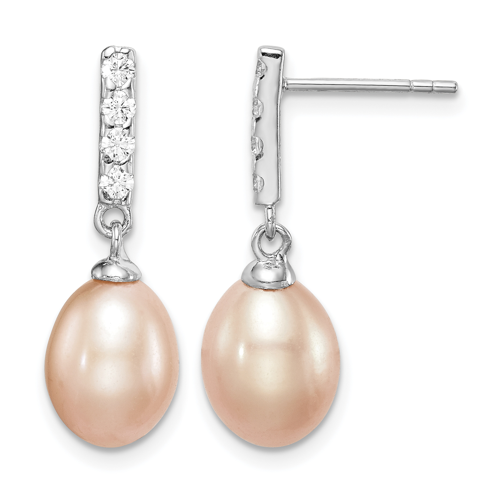 Sterling Silver Rhodium-plated 8-9mm Pink Teardrop Freshwater Cultured Pearl and CZ Post Dangle Earrings (QE15360)