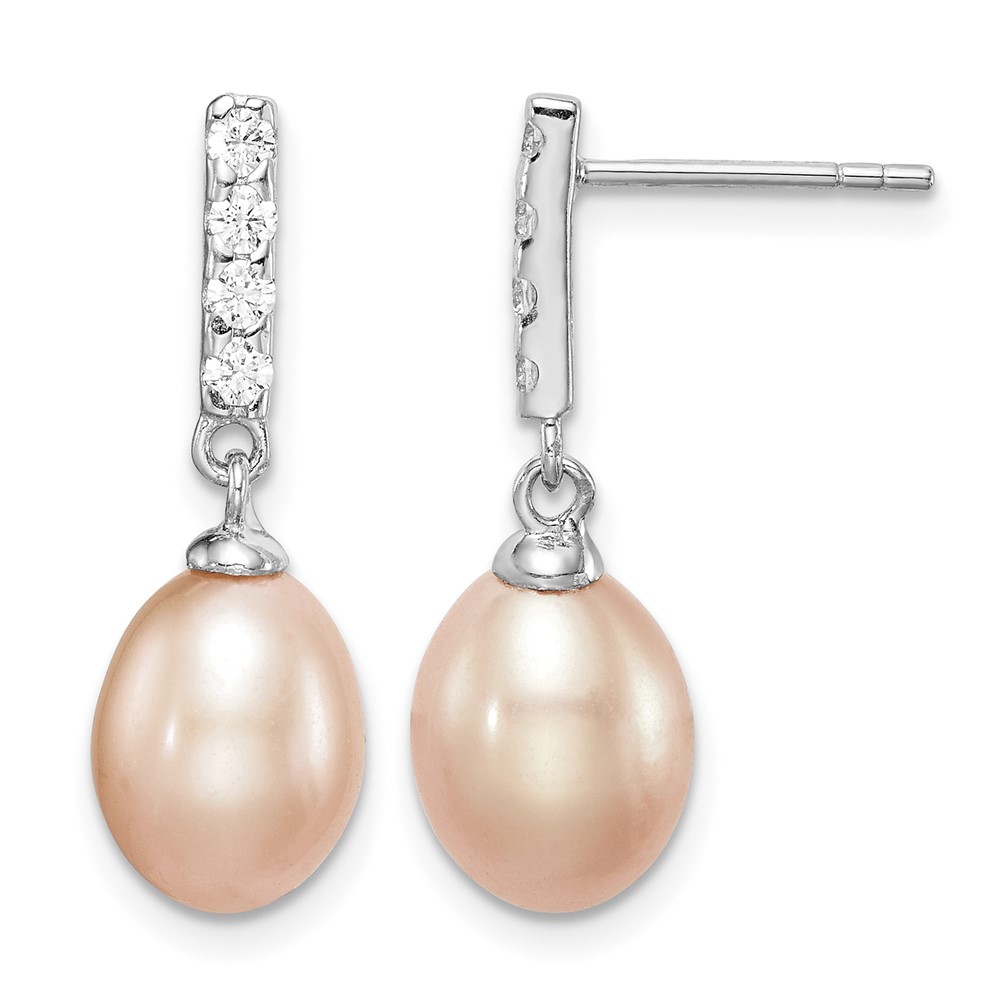 Sterling Silver Rhodium-plated 8-9mm Pink Teardrop Freshwater Cultured Pearl and CZ Post Dangle Earrings (QE15360)
