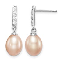 Sterling Silver Rhodium-plated 8-9mm Pink Teardrop Freshwater Cultured Pearl and CZ Post Dangle Earrings view 1