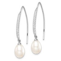 Sterling Silver Rhodium-plated 7-8mm White Teardrop Freshwater Cultured Pearl and CZ Threader Earrings view 2