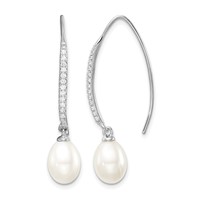 Sterling Silver Rhodium-plated 7-8mm White Teardrop Freshwater Cultured Pearl and CZ Threader Earrings view 1
