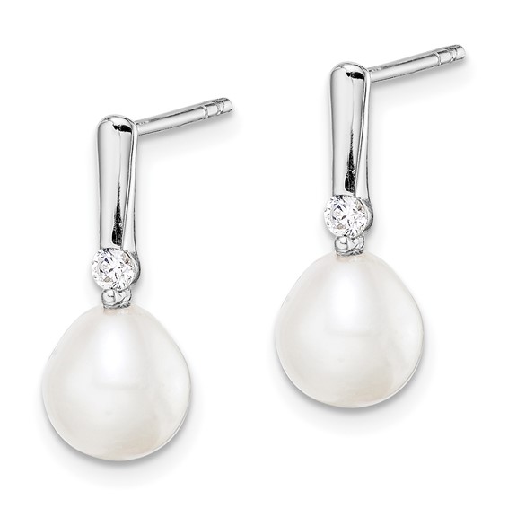 Sterling Silver Rhodium-plated 7-8mm White Rice Freshwater Cultured Pearl and CZ Post Dangle Earrings