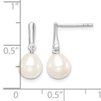 Sterling Silver Rhodium-plated 7-8mm White Rice Freshwater Cultured Pearl and CZ Post Dangle Earrings view 4