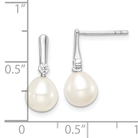 Sterling Silver Rhodium-plated 7-8mm White Rice Freshwater Cultured Pearl and CZ Post Dangle Earrings