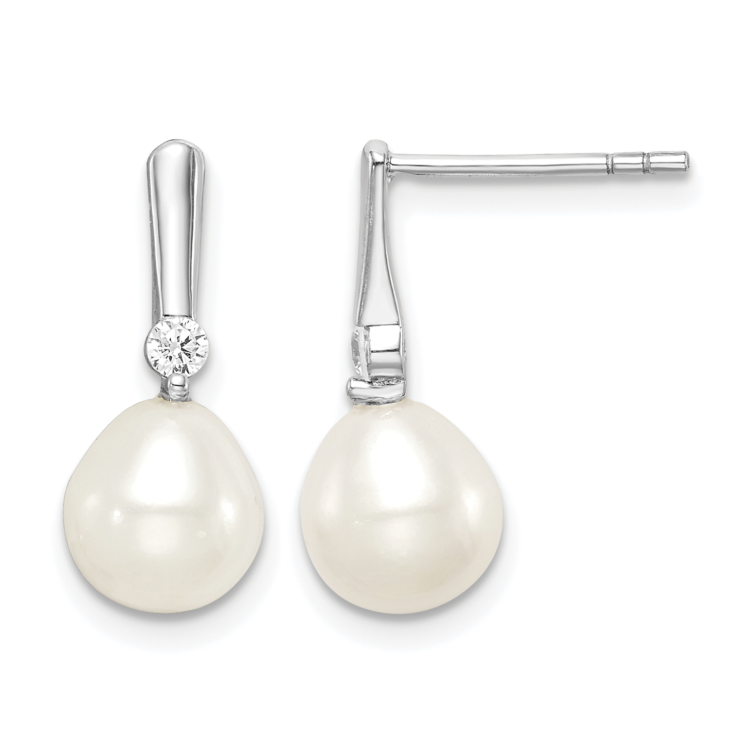 Sterling Silver Rhodium-plated 7-8mm White Rice Freshwater Cultured Pearl and CZ Post Dangle Earrings (QE15377)