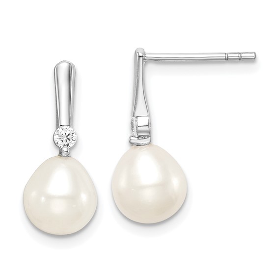 Sterling Silver Rhodium-plated 7-8mm White Rice Freshwater Cultured Pearl and CZ Post Dangle Earrings
