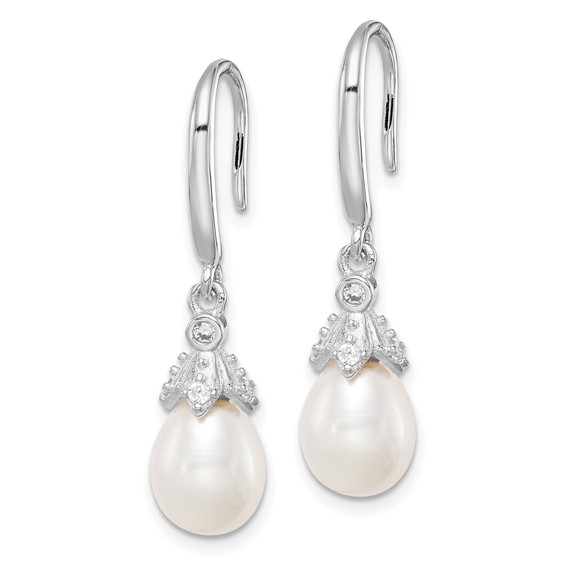 Sterling Silver Rhodium-plated 7-8mm White Teardrop Freshwater Cultured Pearl and CZ Dangle Earrings