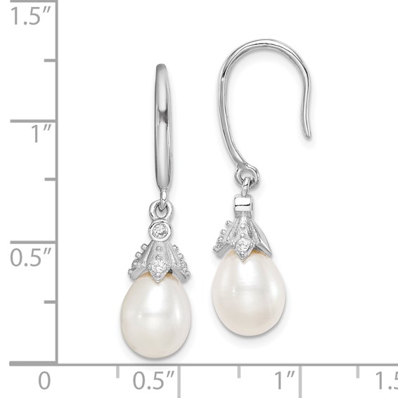 Sterling Silver Rhodium-plated 7-8mm White Teardrop Freshwater Cultured Pearl and CZ Dangle Earrings