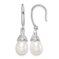 Sterling Silver Rhodium-plated 7-8mm White Teardrop Freshwater Cultured Pearl and CZ Dangle Earrings view 1