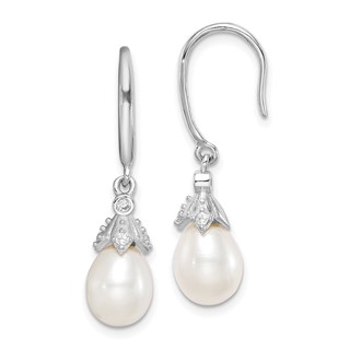 Sterling Silver Rhodium-plated 7-8mm White Teardrop Freshwater Cultured Pearl and CZ Dangle Earrings
