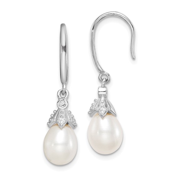 Sterling Silver Rhodium-plated 7-8mm White Teardrop Freshwater Cultured Pearl and CZ Dangle Earrings