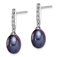Sterling Silver Rhodium-plated 8-9mm Black Teardrop Freshwater Cultured Pearl and CZ Post Dangle Earrings view 2