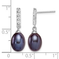 Sterling Silver Rhodium-plated 8-9mm Black Teardrop Freshwater Cultured Pearl and CZ Post Dangle Earrings view 4