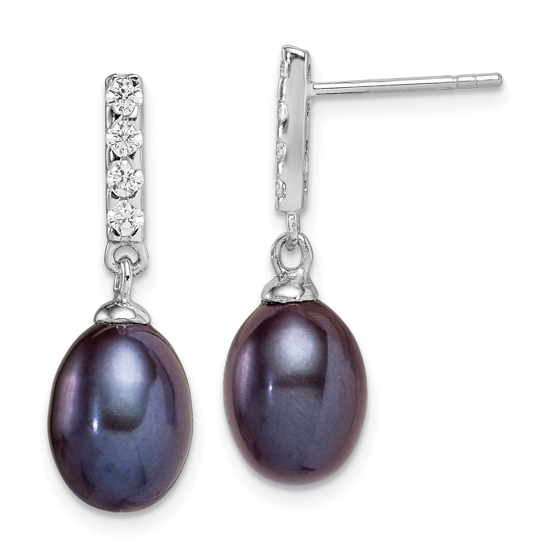 Sterling Silver Rhodium-plated 8-9mm Black Teardrop Freshwater Cultured Pearl and CZ Post Dangle Earrings (QE15379)