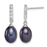 Sterling Silver Rhodium-plated 8-9mm Black Teardrop Freshwater Cultured Pearl and CZ Post Dangle Earrings view 1