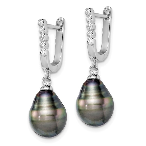 Sterling Silver Rhodium-plated 9-10mm Black Teardrop Tahitian Saltwater Cultured Pearl and CZ Dangle Earrings