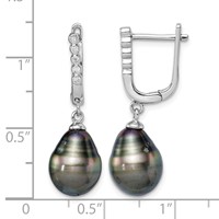 Sterling Silver Rhodium-plated 9-10mm Black Teardrop Tahitian Saltwater Cultured Pearl and CZ Dangle Earrings view 4