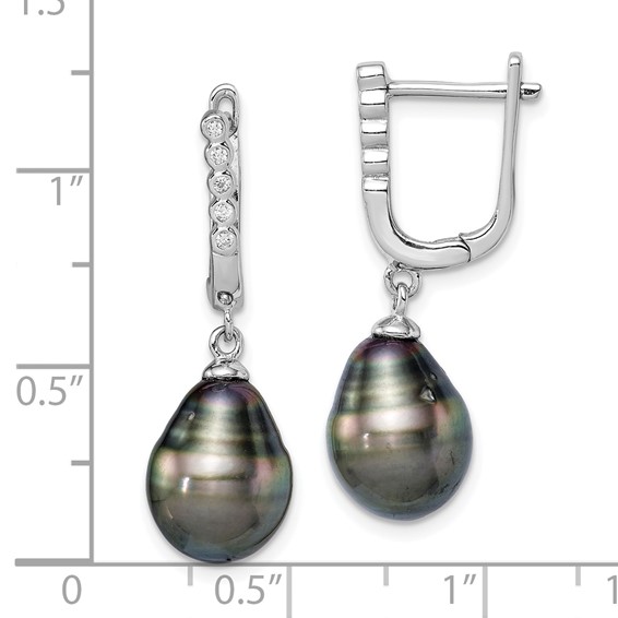 Sterling Silver Rhodium-plated 9-10mm Black Teardrop Tahitian Saltwater Cultured Pearl and CZ Dangle Earrings