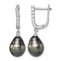 Sterling Silver Rhodium-plated 9-10mm Black Teardrop Tahitian Saltwater Cultured Pearl and CZ Dangle Earrings view 1