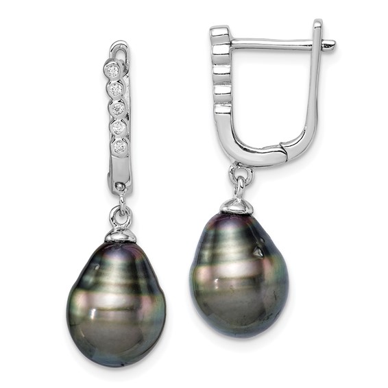 Sterling Silver Rhodium-plated 9-10mm Black Teardrop Tahitian Saltwater Cultured Pearl and CZ Dangle Earrings