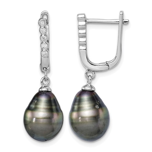 Sterling Silver Rhodium-plated 9-10mm Black Teardrop Tahitian Saltwater Cultured Pearl and CZ Dangle Earrings