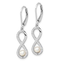 Sterling Silver Rhodium-plated 4-5mm White Freshwater Cultured Pearl and CZ Infinity Dangle Leverback Earrings view 2