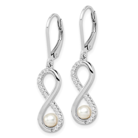Sterling Silver Rhodium-plated 4-5mm White Freshwater Cultured Pearl and CZ Infinity Dangle Leverback Earrings