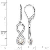 Sterling Silver Rhodium-plated 4-5mm White Freshwater Cultured Pearl and CZ Infinity Dangle Leverback Earrings view 4