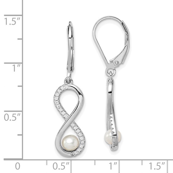 Sterling Silver Rhodium-plated 4-5mm White Freshwater Cultured Pearl and CZ Infinity Dangle Leverback Earrings