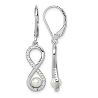 Sterling Silver Rhodium-plated 4-5mm White Freshwater Cultured Pearl and CZ Infinity Dangle Leverback Earrings view 1