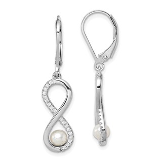 Sterling Silver Rhodium-plated 4-5mm White Freshwater Cultured Pearl and CZ Infinity Dangle Leverback Earrings