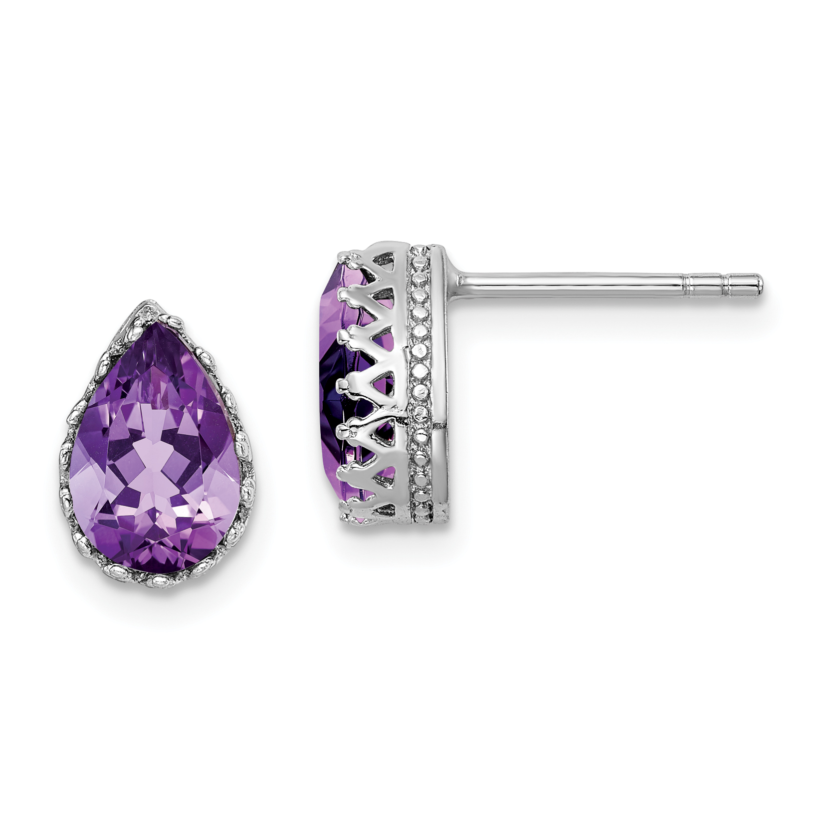 Sterling Silver Rhodium-plated 10mm Polished Pear Amethyst Post Earrings (QE15383AM)