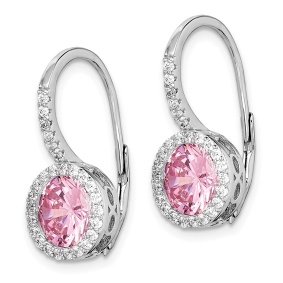 Sterling Silver RH-plated Polished Pink & White CZ Halo Leverback Earrings