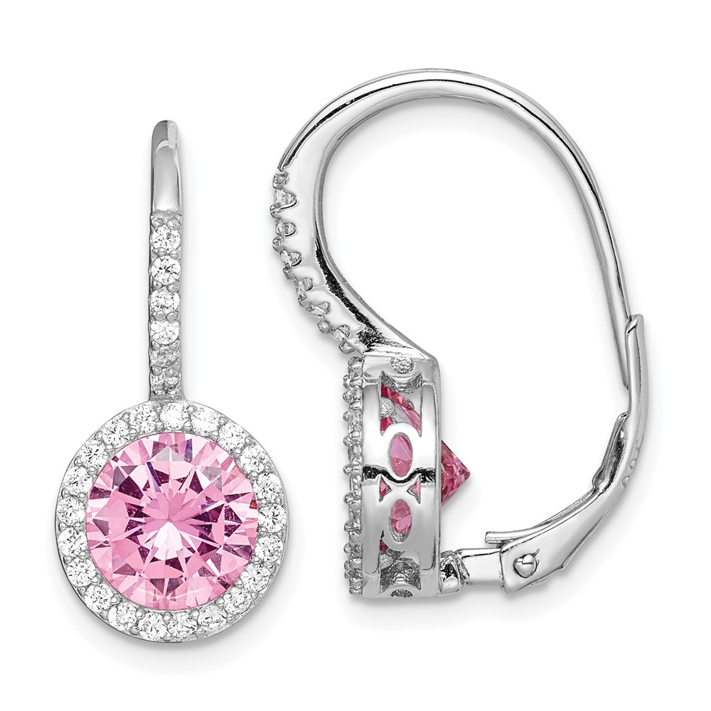 Sterling Silver RH-plated Polished Pink & White CZ Halo Leverback Earrings (QE15392)