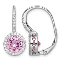 Sterling Silver RH-plated Polished Pink & White CZ Halo Leverback Earrings view 1