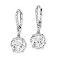 Sterling Silver Rhodium-plated Polished CZ Flower Leverback Earrings view 2