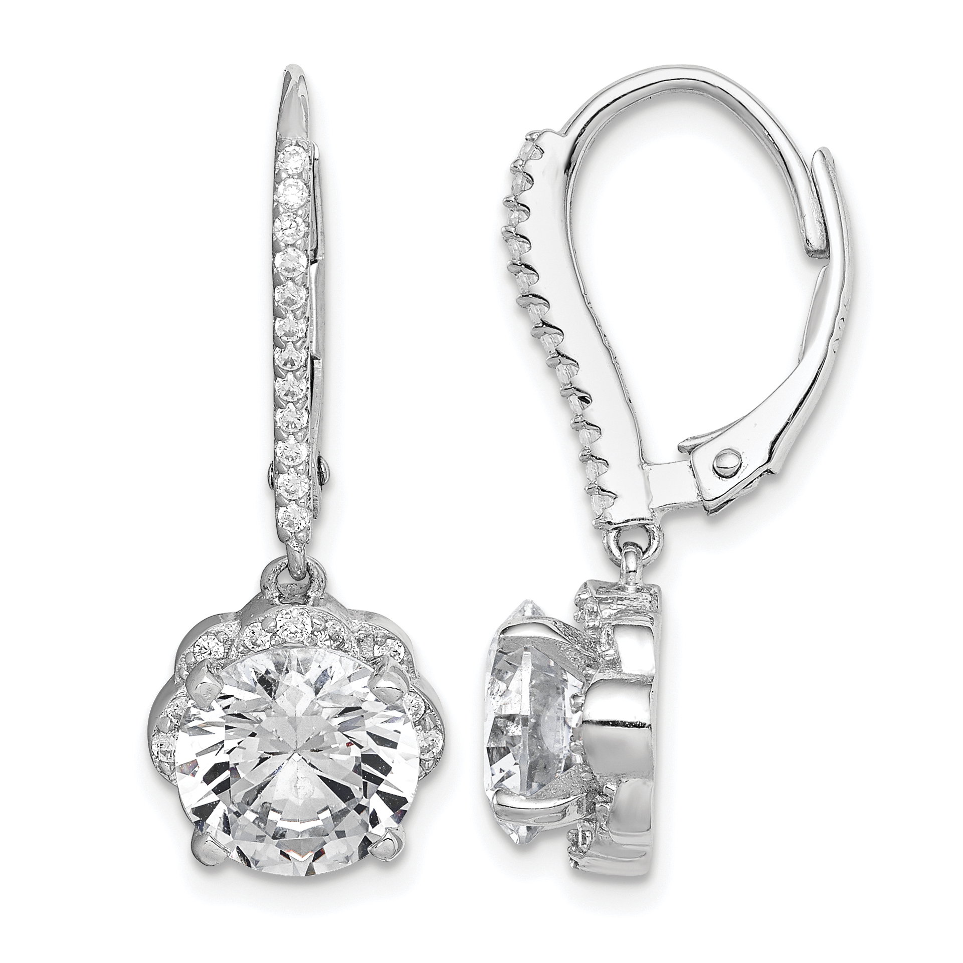 Sterling Silver Rhodium-plated Polished CZ Flower Leverback Earrings (QE15395)