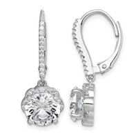 Sterling Silver Rhodium-plated Polished CZ Flower Leverback Earrings view 1