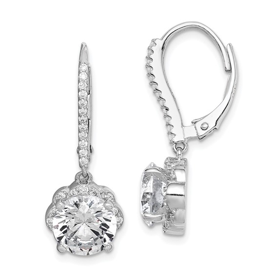 Sterling Silver Rhodium-plated Polished CZ Flower Leverback Earrings