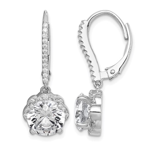 Sterling Silver Rhodium-plated Polished CZ Flower Leverback Earrings