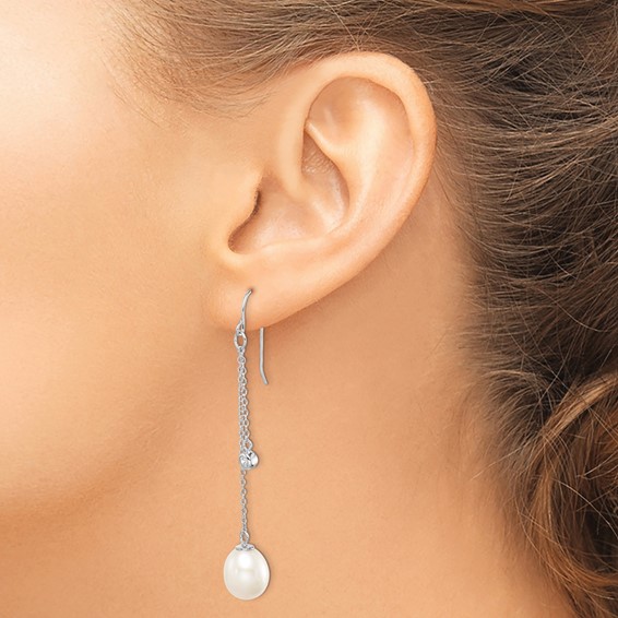 Sterling Silver Rhodium-plated 9-10mm White Teardrop Freshwater Cultured Pearl and CZ Dangle Earrings