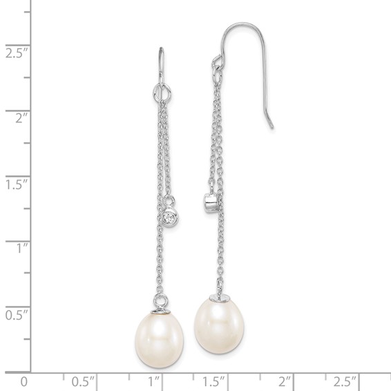 Sterling Silver Rhodium-plated 9-10mm White Teardrop Freshwater Cultured Pearl and CZ Dangle Earrings